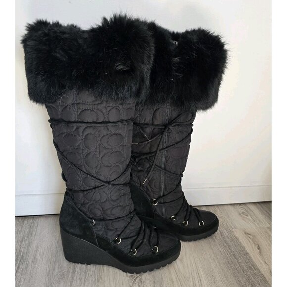 Coach Sofie Black Wedge Heel Quilted Signature Platform Fur Trim Boots Size 8 M - Picture 1 of 12